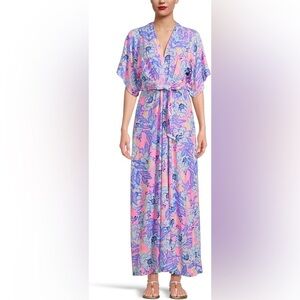 Lilly Pulitzer sz 10 Wisteria kimono Sleeve V-Neck Maxi Dress Floral Stretch